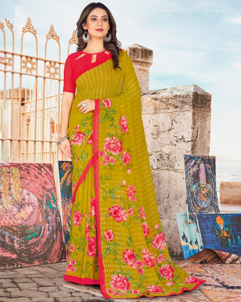 Vishal Prints Olive Yellow Printed Georgette Saree