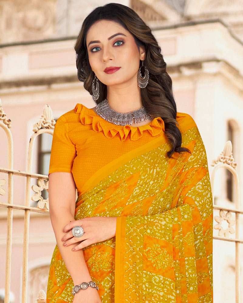 Vishal Prints Dark Yellow Printed Georgette Saree