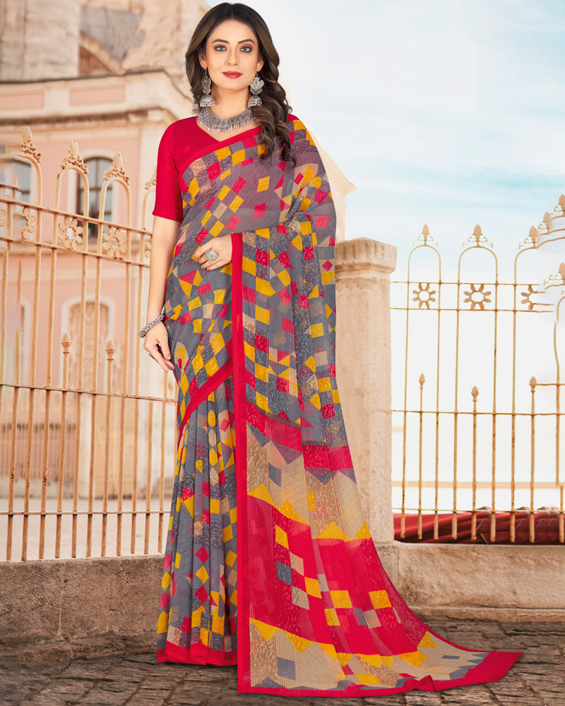 Vishal Prints Cool Grey Printed Georgette Saree