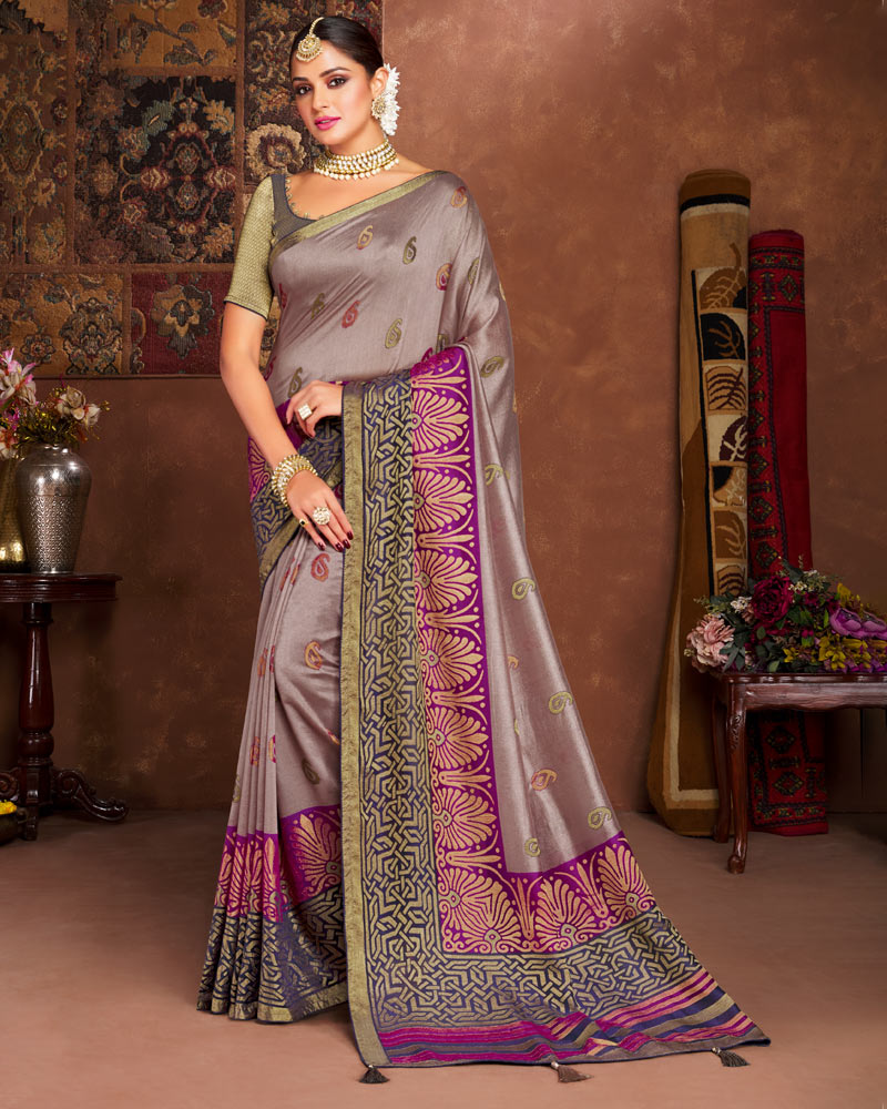 Vishal Prints Olive Pink Silk Brasso Saree With Tassel