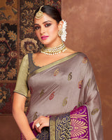 Vishal Prints Olive Pink Silk Brasso Saree With Tassel