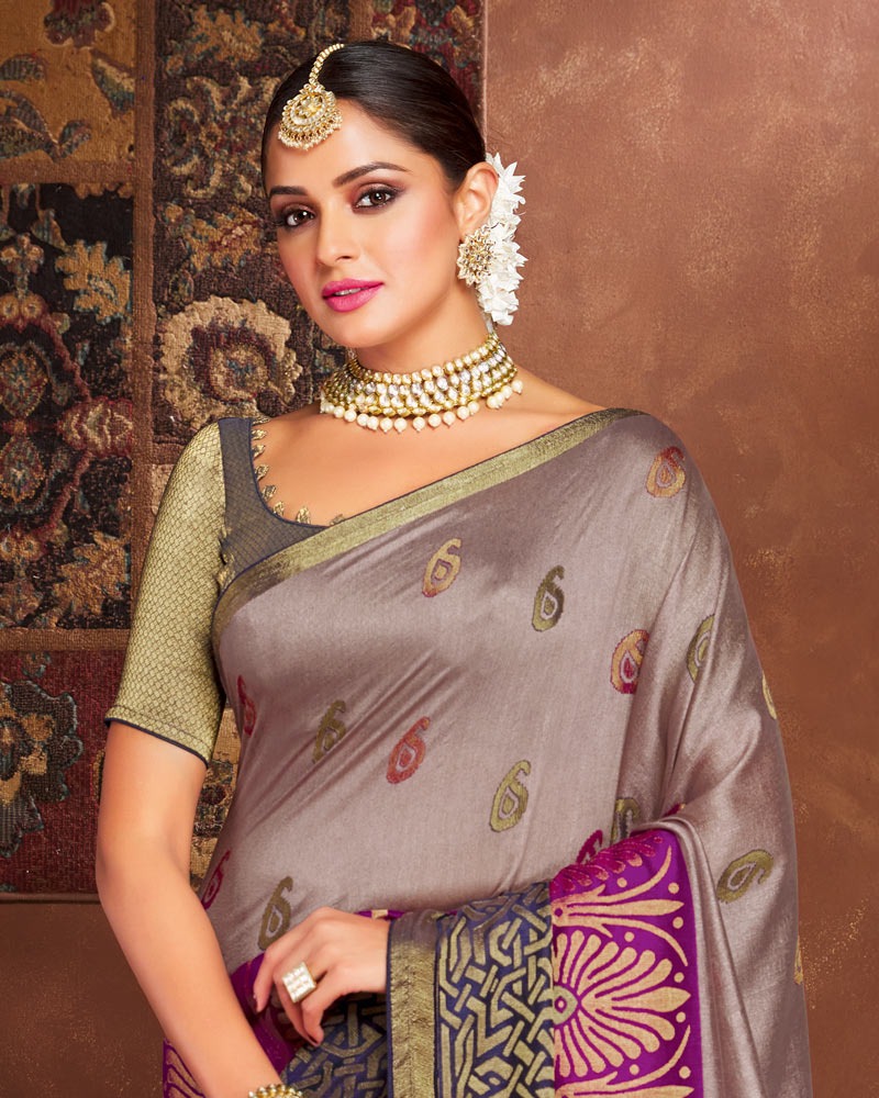 Vishal Prints Olive Pink Silk Brasso Saree With Tassel