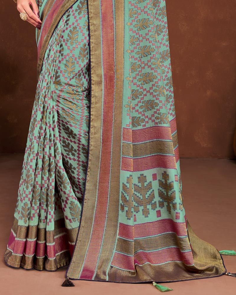 Vishal Prints Sea Green Silk Brasso Saree With Tassel