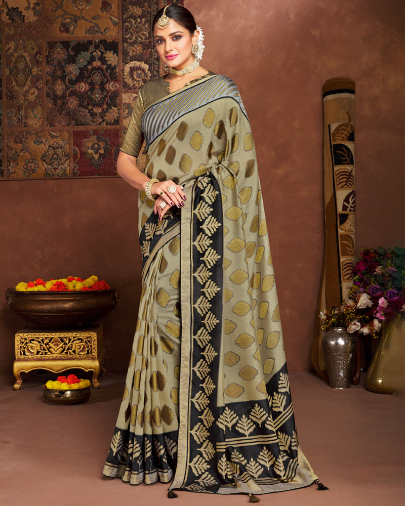 Vishal Prints Dark Beige Silk Brasso Saree With Tassel
