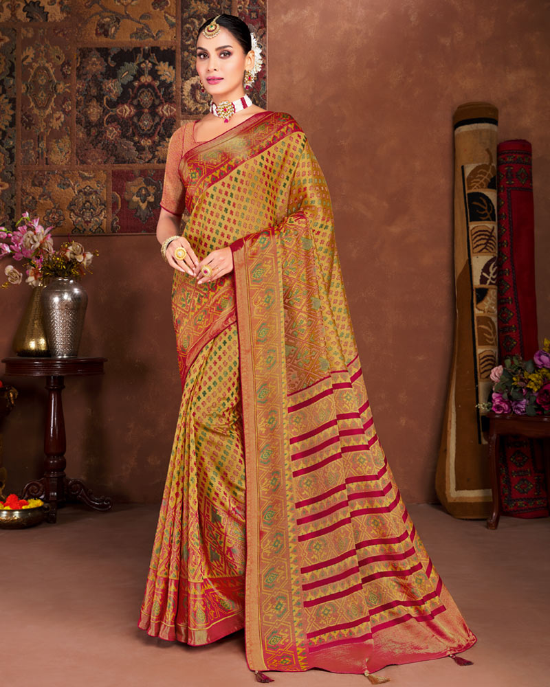 Vishal Prints Dark Mustard Silk Brasso Saree With Tassel
