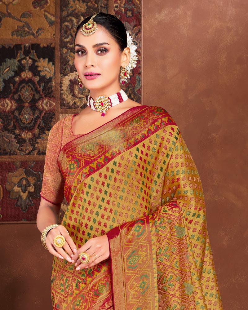 Vishal Prints Dark Mustard Silk Brasso Saree With Tassel
