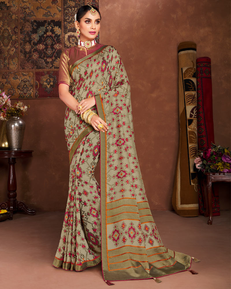 Vishal Prints Dark Beige Silk Brasso Saree With Tassel