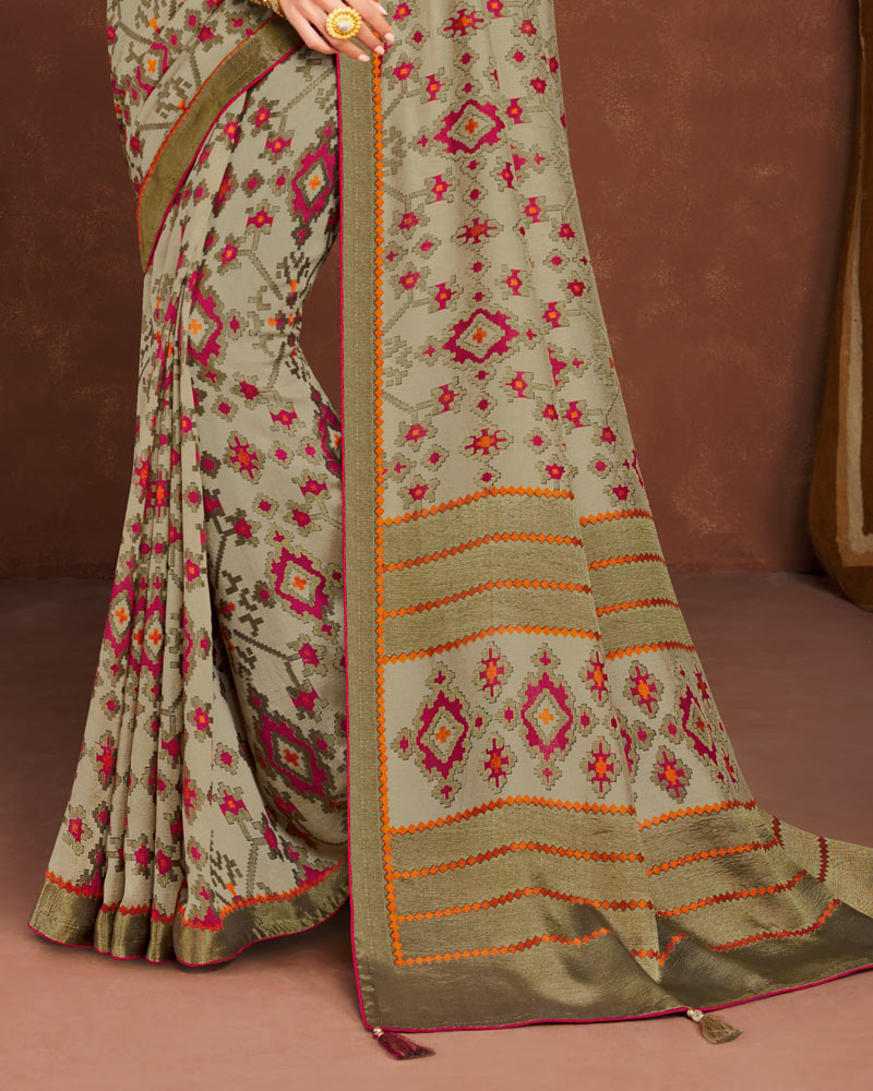 Vishal Prints Dark Beige Silk Brasso Saree With Tassel