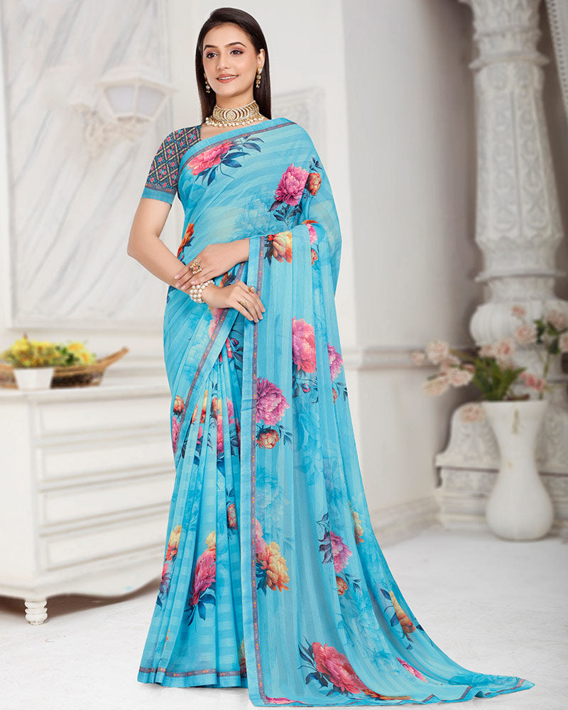 Vishal Prints Ice Blue Patterned Chiffon Digital Print Saree With Fancy Border