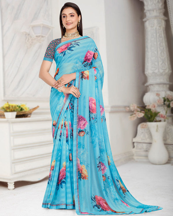 Vishal Prints Ice Blue Patterned Chiffon Digital Print Saree With Fancy Border
