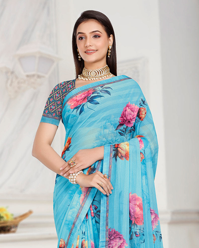 Vishal Prints Ice Blue Patterned Chiffon Digital Print Saree With Fancy Border