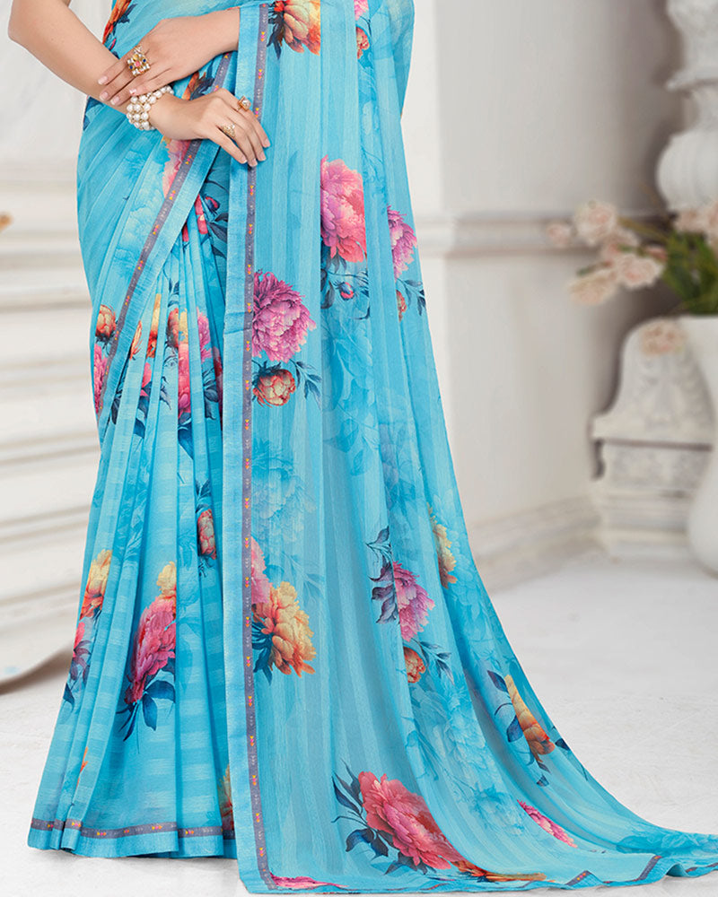 Vishal Prints Ice Blue Patterned Chiffon Digital Print Saree With Fancy Border