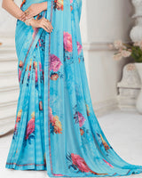 Vishal Prints Ice Blue Patterned Chiffon Digital Print Saree With Fancy Border