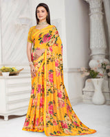 Vishal Prints Sunglow Yellow Patterned Chiffon Digital Print Saree With Fancy Border