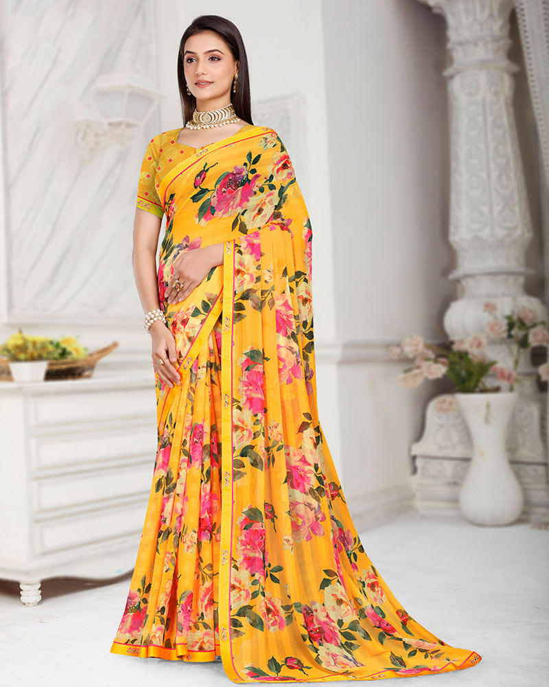 Vishal Prints Sunglow Yellow Patterned Chiffon Digital Print Saree With Fancy Border