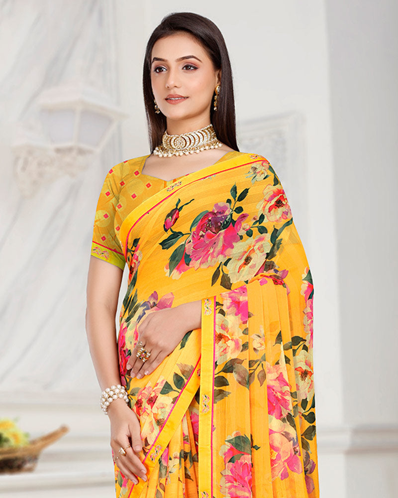 Vishal Prints Sunglow Yellow Patterned Chiffon Digital Print Saree With Fancy Border