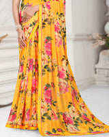 Vishal Prints Sunglow Yellow Patterned Chiffon Digital Print Saree With Fancy Border