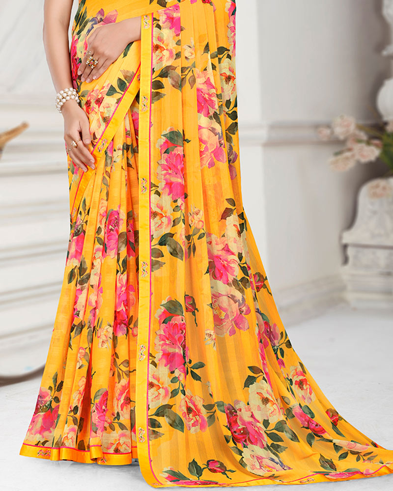 Vishal Prints Sunglow Yellow Patterned Chiffon Digital Print Saree With Fancy Border