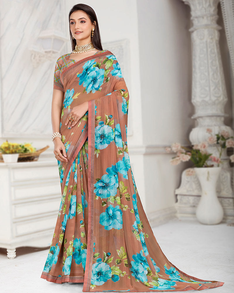 Vishal Prints Dusty Brown Patterned Chiffon Digital Print Saree With Fancy Border