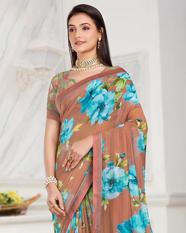 Vishal Prints Dusty Brown Patterned Chiffon Digital Print Saree With Fancy Border