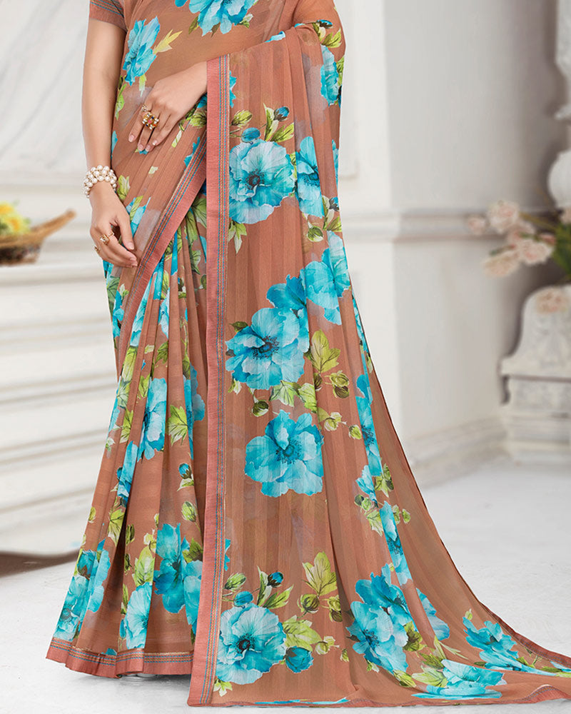 Vishal Prints Dusty Brown Patterned Chiffon Digital Print Saree With Fancy Border