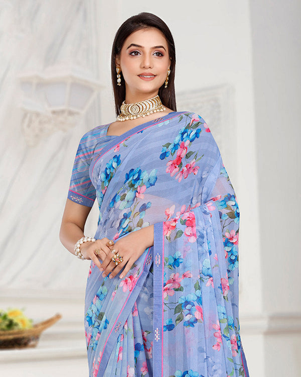 Vishal Prints Pastel Purple Patterned Chiffon Digital Print Saree With Fancy Border