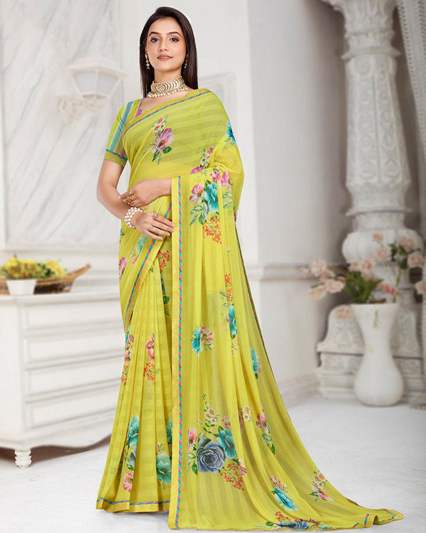 Vishal Prints Tulip Yellow Patterned Chiffon Digital Print Saree With Fancy Border