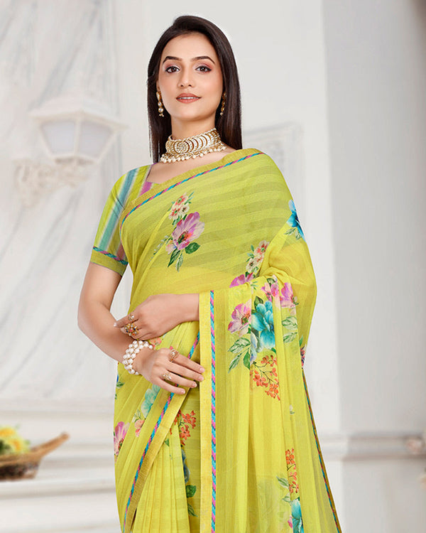 Vishal Prints Tulip Yellow Patterned Chiffon Digital Print Saree With Fancy Border