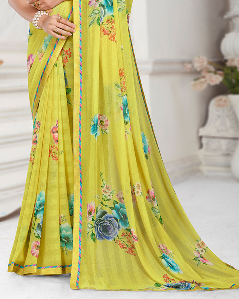 Vishal Prints Tulip Yellow Patterned Chiffon Digital Print Saree With Fancy Border