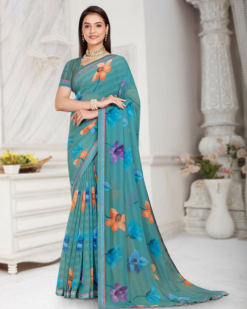 Vishal Prints Dusty Teal Green Patterned Chiffon Digital Print Saree With Fancy Border