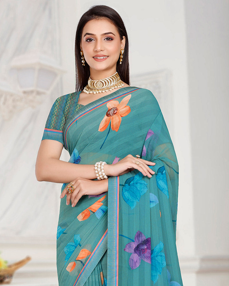 Vishal Prints Dusty Teal Green Patterned Chiffon Digital Print Saree With Fancy Border