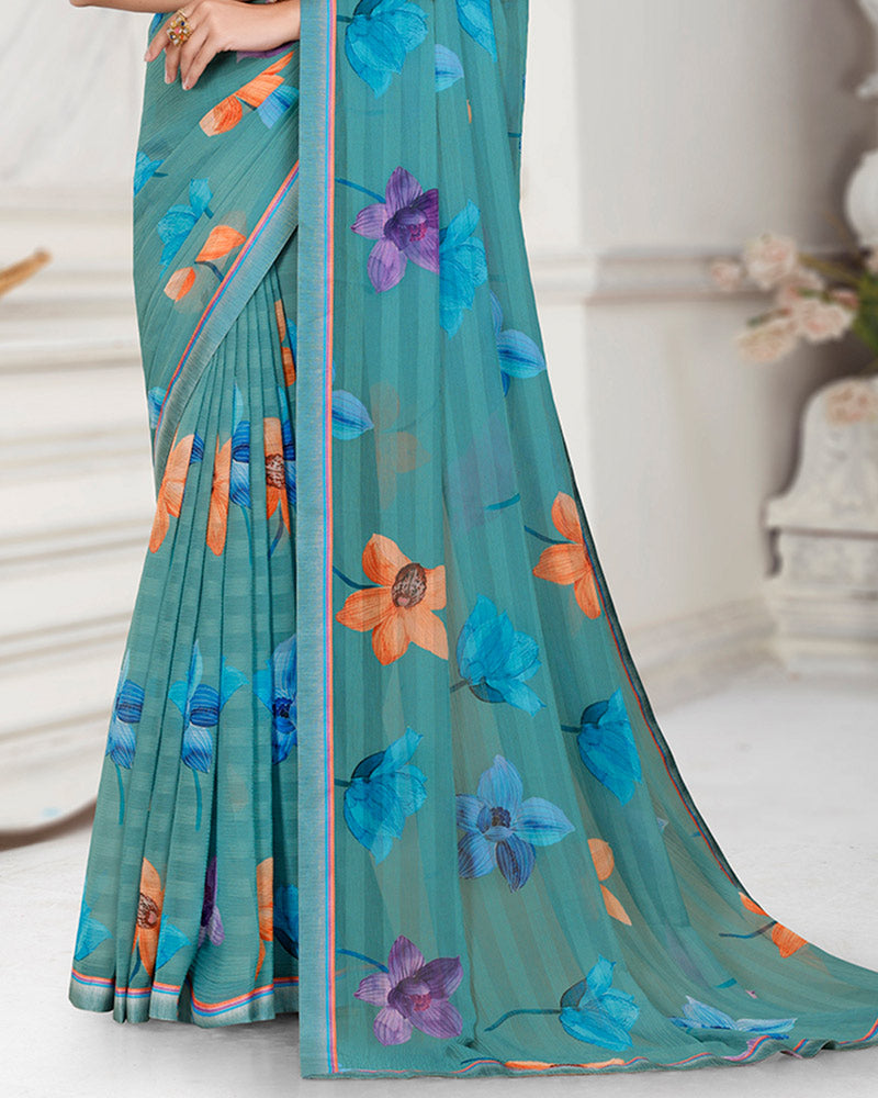 Vishal Prints Dusty Teal Green Patterned Chiffon Digital Print Saree With Fancy Border