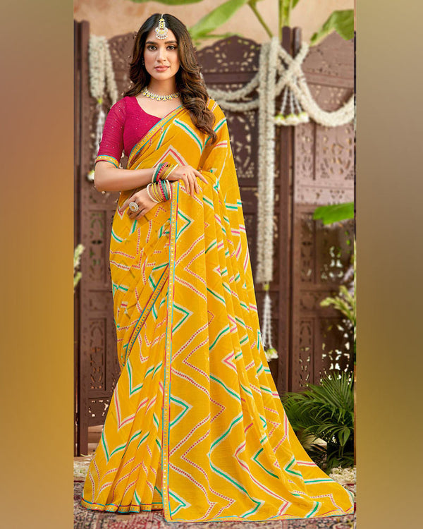 Vishal Prints Dark Yellow Printed Chiffon Traditional Print Saree With Fancy Border