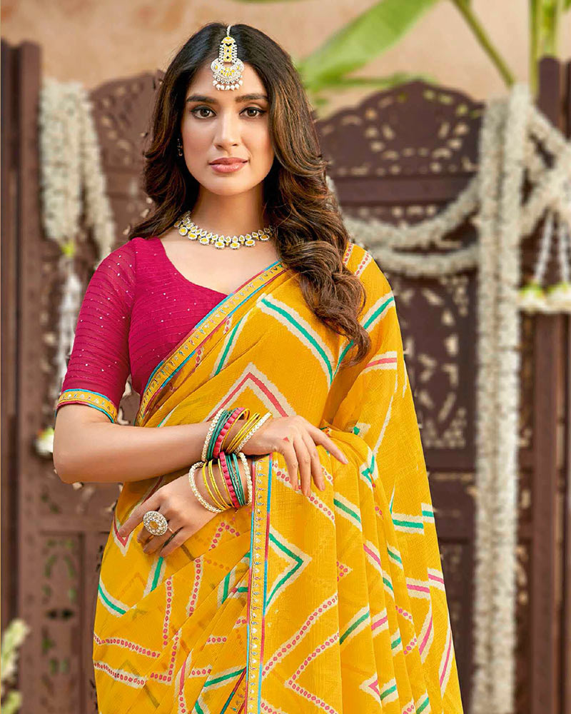 Vishal Prints Dark Yellow Printed Chiffon Traditional Print Saree With Fancy Border