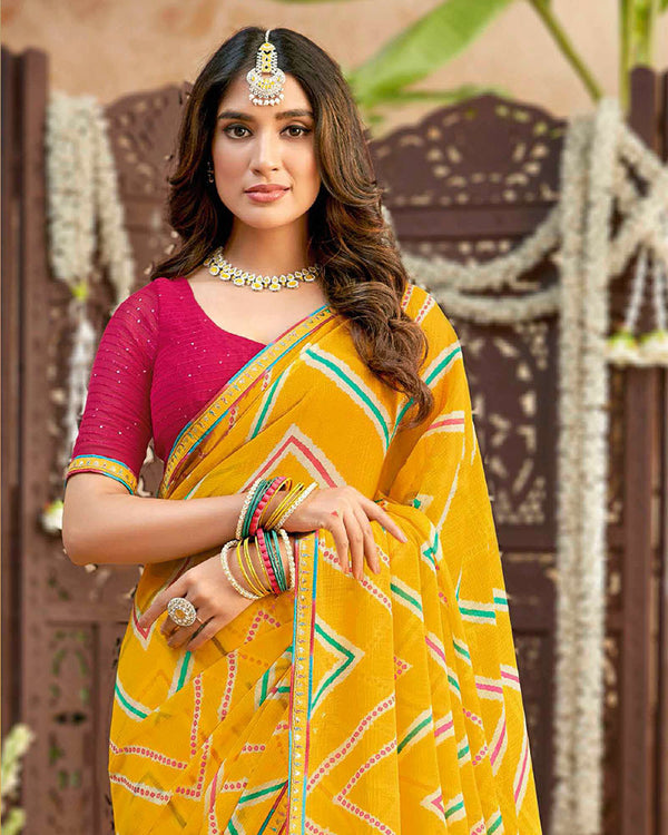 Vishal Prints Dark Yellow Printed Chiffon Traditional Print Saree With Fancy Border