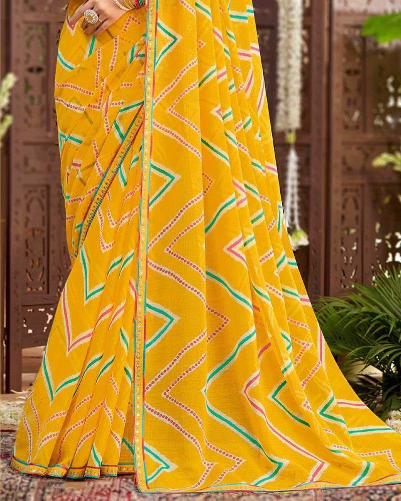Vishal Prints Dark Yellow Printed Chiffon Traditional Print Saree With Fancy Border