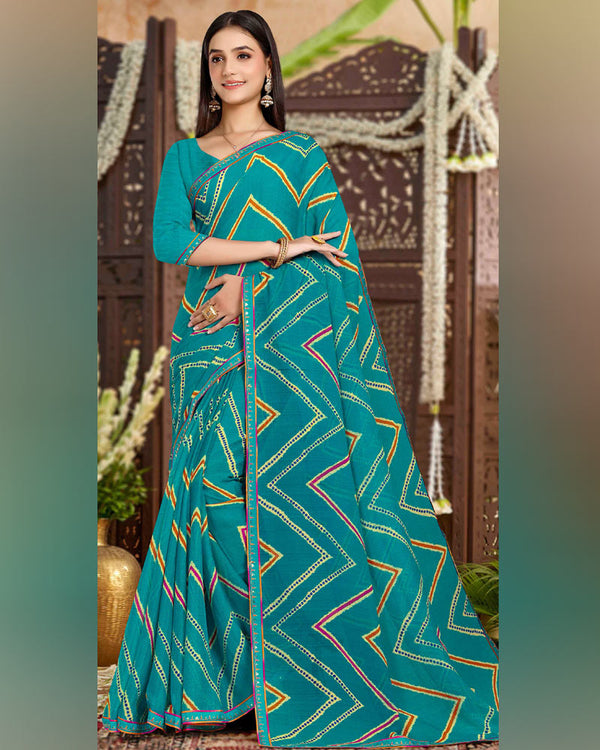 Vishal Prints Teal Blue Printed Chiffon Traditional Print Saree With Fancy Border
