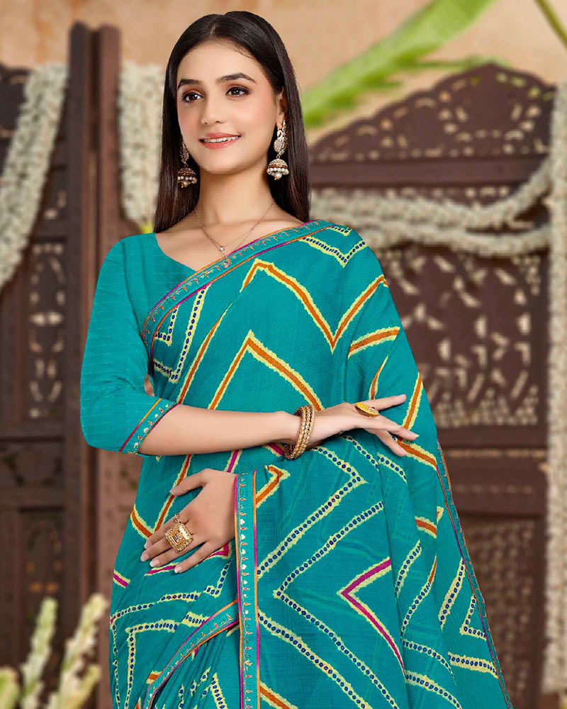 Vishal Prints Teal Blue Printed Chiffon Traditional Print Saree With Fancy Border