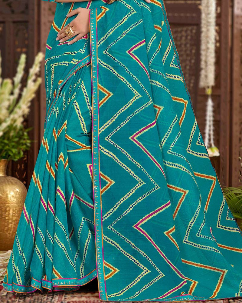 Vishal Prints Teal Blue Printed Chiffon Traditional Print Saree With Fancy Border