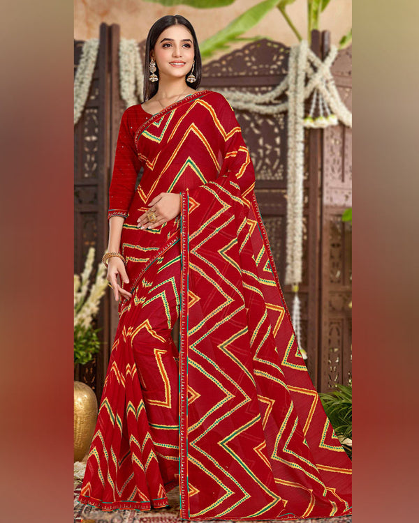 Vishal Prints Dark Red Printed Chiffon Traditional Print Saree With Fancy Border
