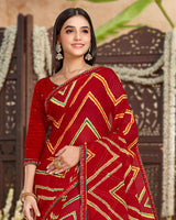 Vishal Prints Dark Red Printed Chiffon Traditional Print Saree With Fancy Border