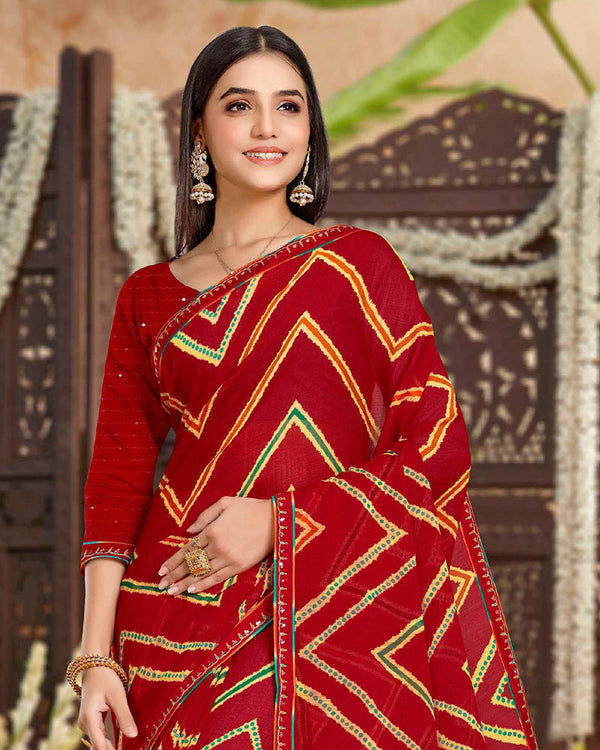 Vishal Prints Dark Red Printed Chiffon Traditional Print Saree With Fancy Border