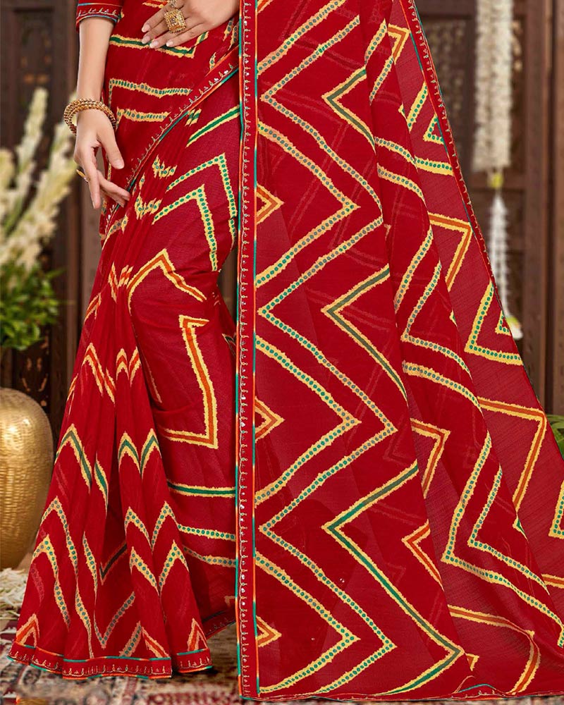 Vishal Prints Dark Red Printed Chiffon Traditional Print Saree With Fancy Border