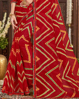 Vishal Prints Dark Red Printed Chiffon Traditional Print Saree With Fancy Border