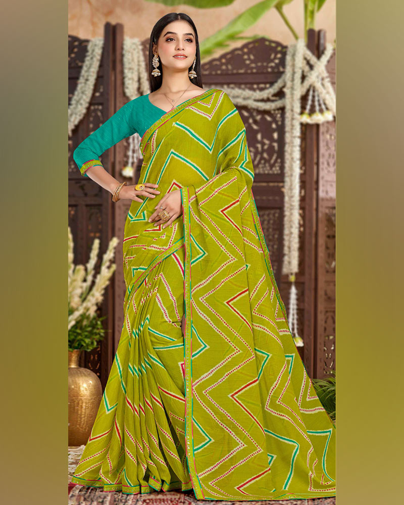 Vishal Prints Olive Green Printed Chiffon Traditional Print Saree With Fancy Border