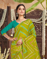 Vishal Prints Olive Green Printed Chiffon Traditional Print Saree With Fancy Border