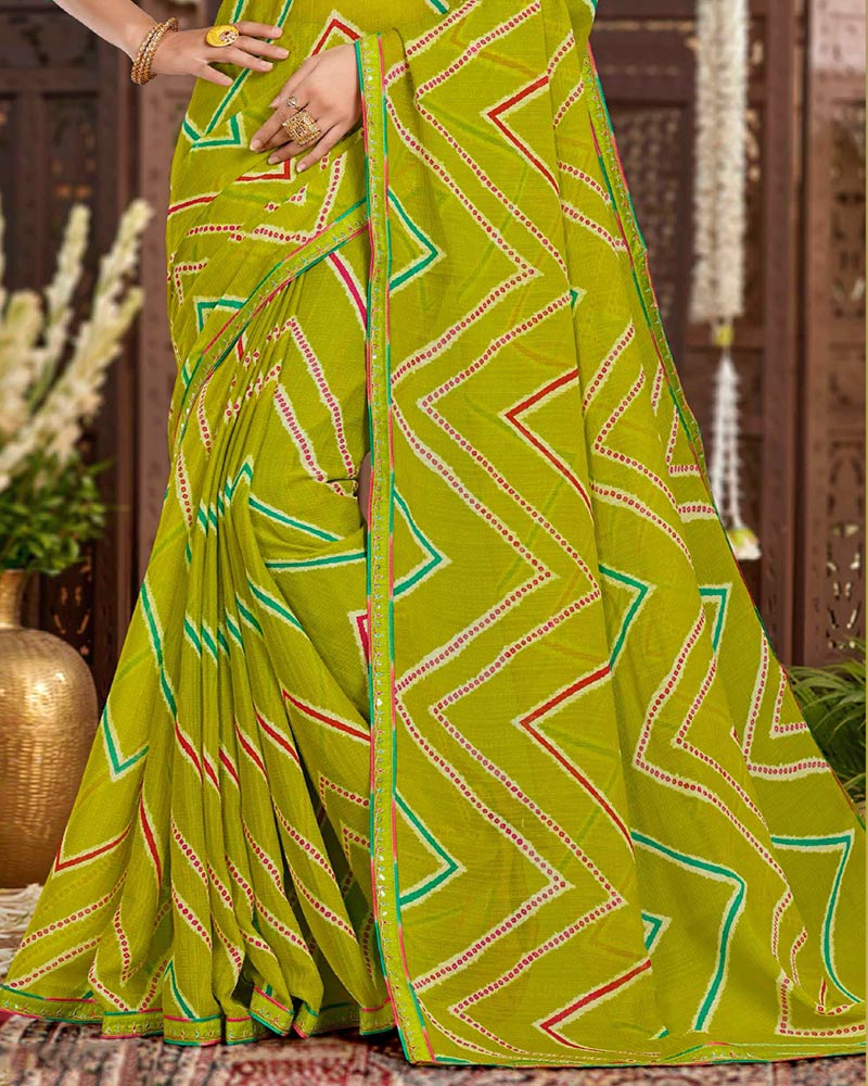 Vishal Prints Olive Green Printed Chiffon Traditional Print Saree With Fancy Border