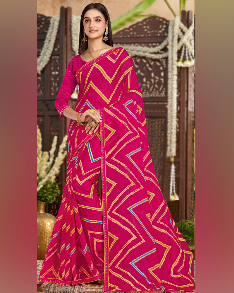 Vishal Prints Dark Fuchsia Printed Chiffon Traditional Print Saree With Fancy Border