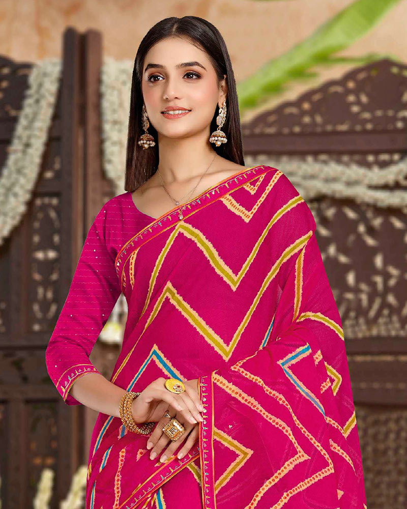 Vishal Prints Dark Fuchsia Printed Chiffon Traditional Print Saree With Fancy Border
