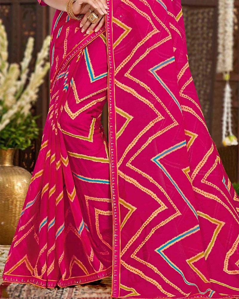 Vishal Prints Dark Fuchsia Printed Chiffon Traditional Print Saree With Fancy Border